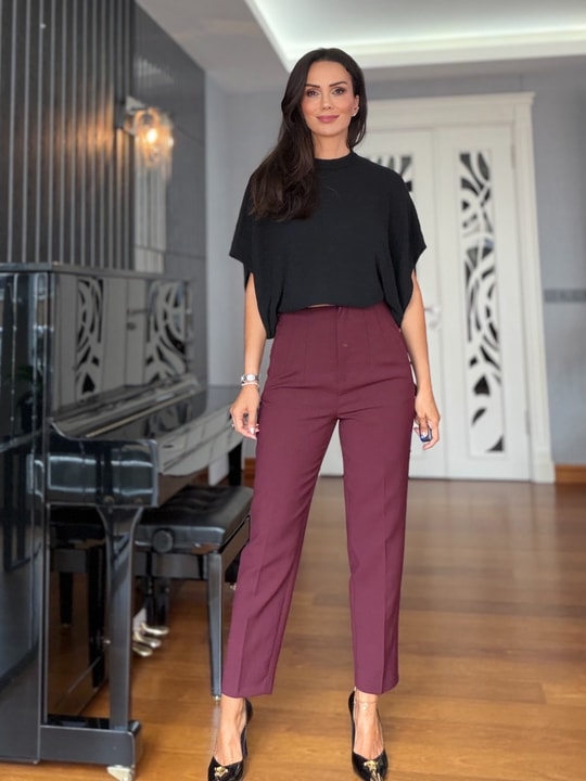 Bordo Havuç Kesim Önü Flotalı Pantolon