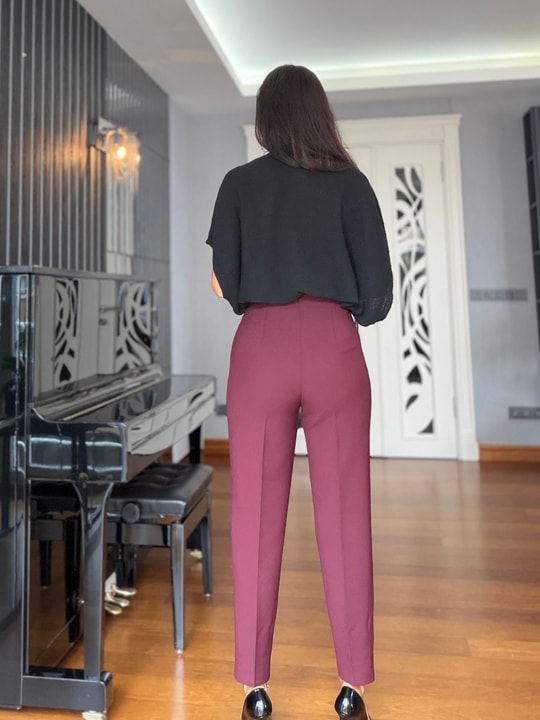 Bordo Havuç Kesim Önü Flotalı Pantolon