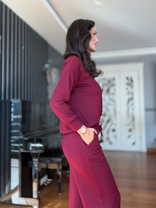 Bordo Kayık Yaka Bluz Çımalı Pantolon Takım