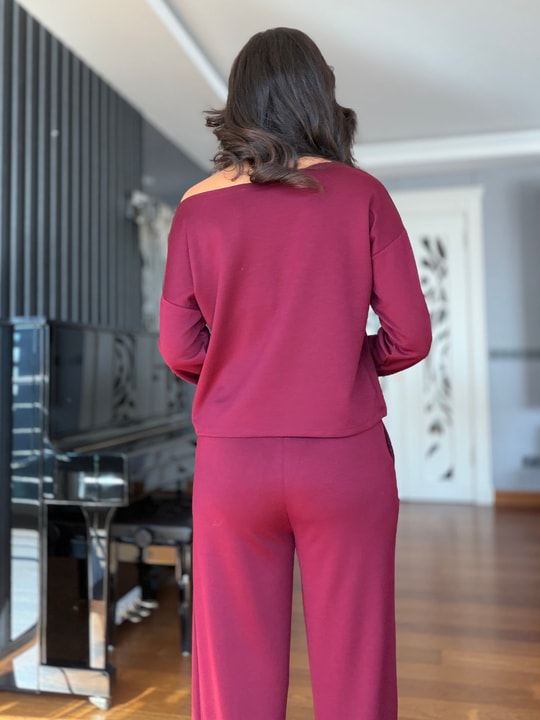 Bordo Kayık Yaka Bluz Çımalı Pantolon Takım