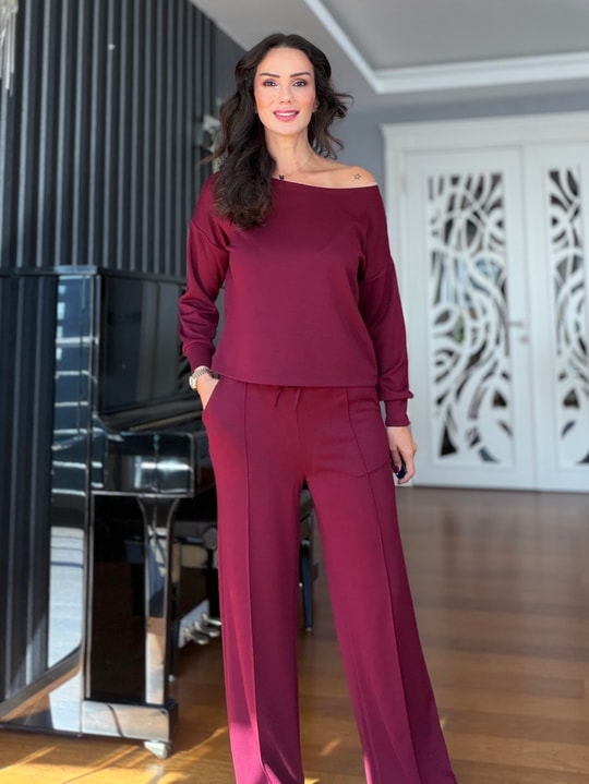 Bordo Kayık Yaka Bluz Çımalı Pantolon Takım