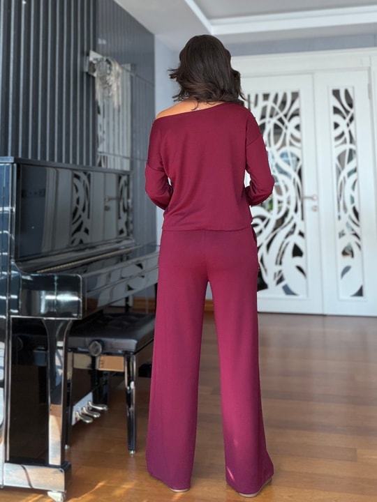Bordo Kayık Yaka Bluz Çımalı Pantolon Takım