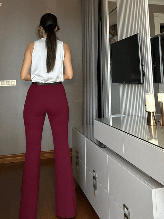 Bordo Kemerli İspanyol Paça Pantolon