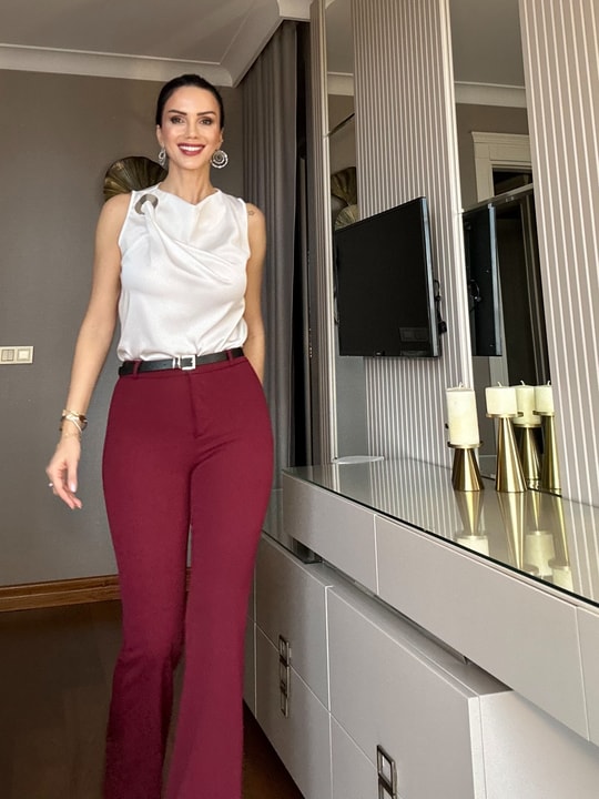 Bordo Kemerli İspanyol Paça Pantolon