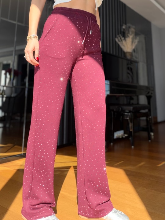 Bordo Komple Taşlı Palazzo Eşofman Altı
