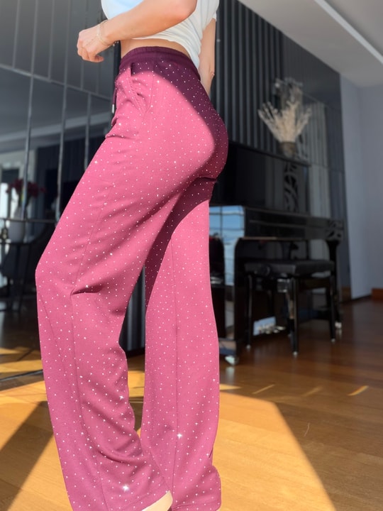 Bordo Komple Taşlı Palazzo Eşofman Altı