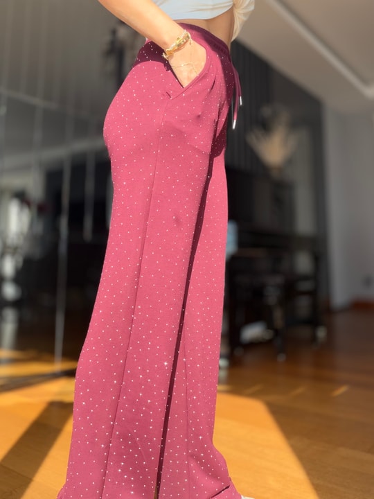 Bordo Komple Taşlı Palazzo Eşofman Altı