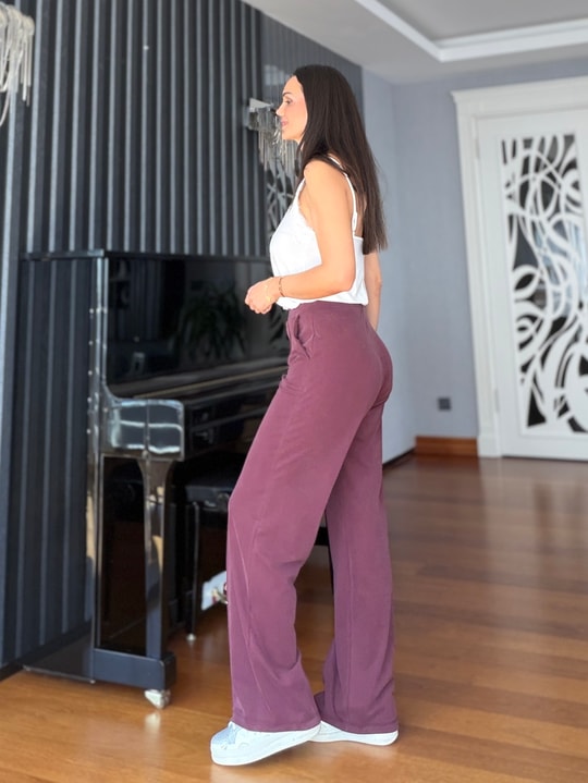 Bordo Likralı Çımalı Tensel Pantolon