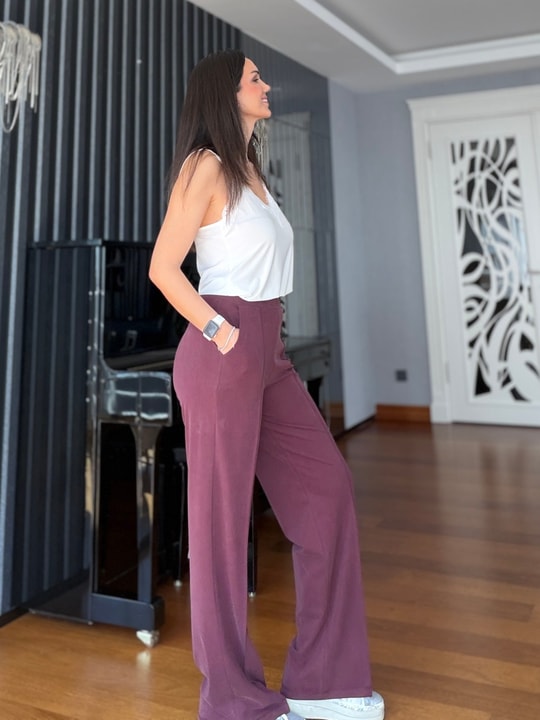 Bordo Likralı Çımalı Tensel Pantolon