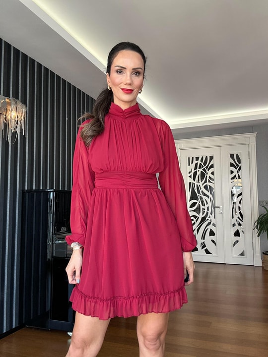 Bordo Şifon Mini Elbise