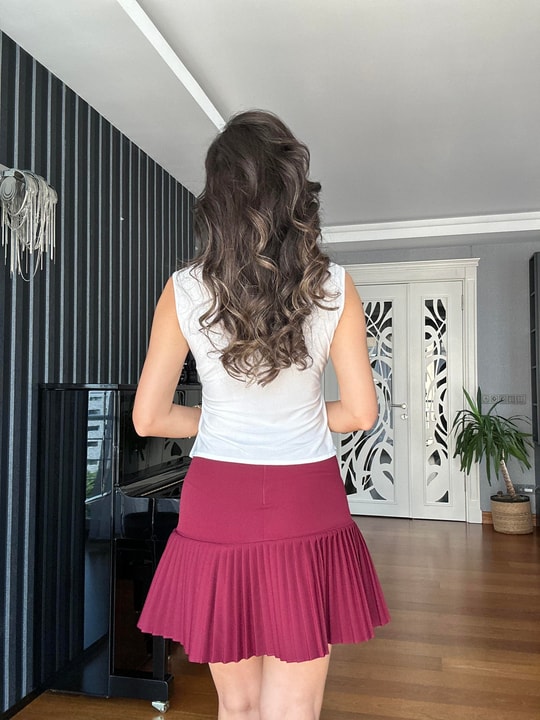 Bordo Sık Piliseli Mini Etek