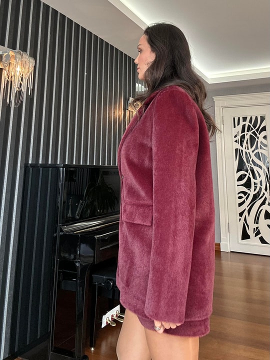 Bordo Tüylü Kaşe Oversize Ceket