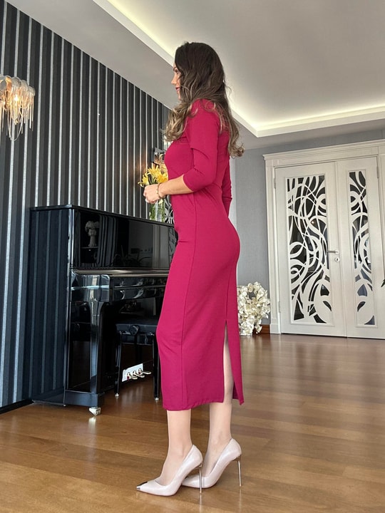 Bordo Yırtmaçlı Uzun Elbise