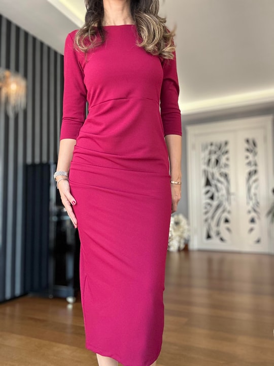 Bordo Yırtmaçlı Uzun Elbise
