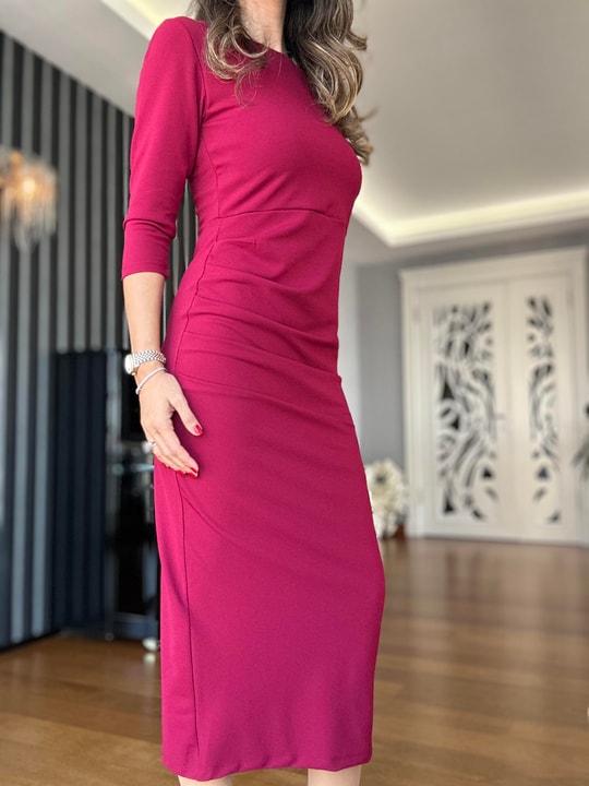 Bordo Yırtmaçlı Uzun Elbise