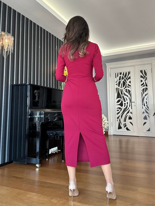 Bordo Yırtmaçlı Uzun Elbise