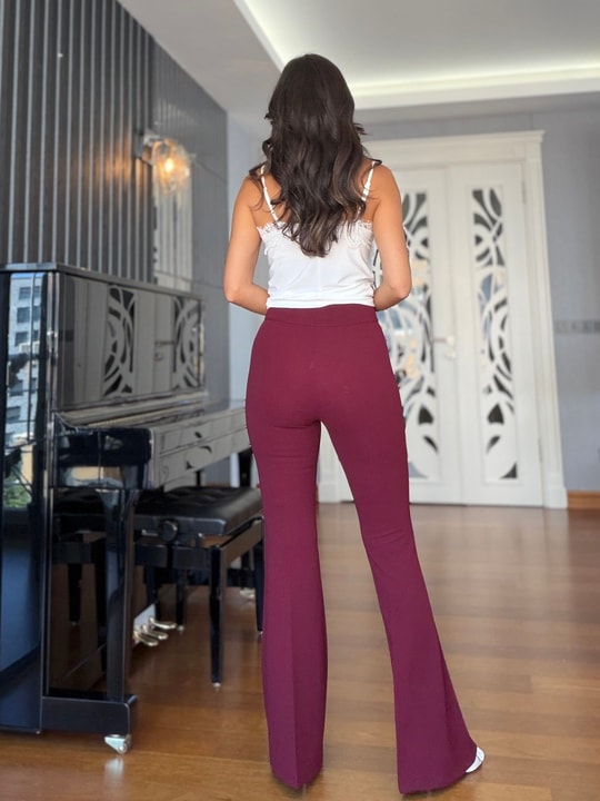 Bordo Yüksek Bel Flare Pantolon