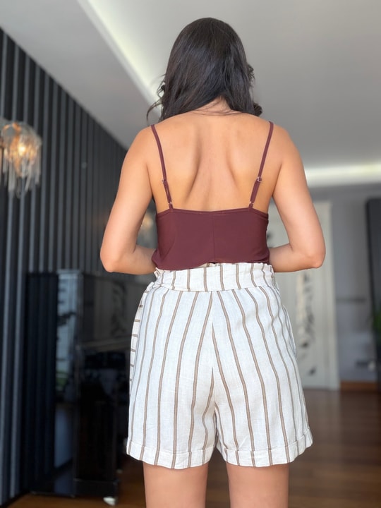 Camel Çizgili Beli Lastikli  Bej Keten Şort