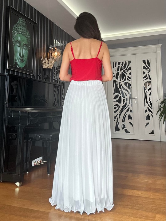 Ekru Beli Lastikli Şifon Piliseli  Maxi Etek