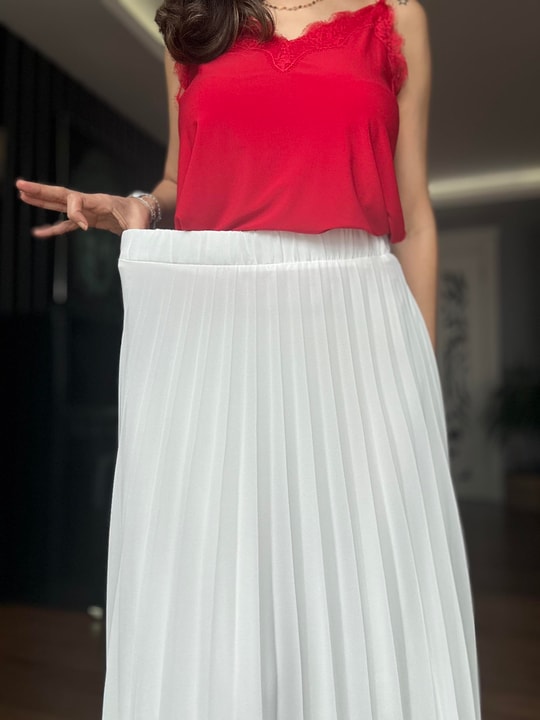 Ekru Beli Lastikli Şifon Piliseli  Maxi Etek