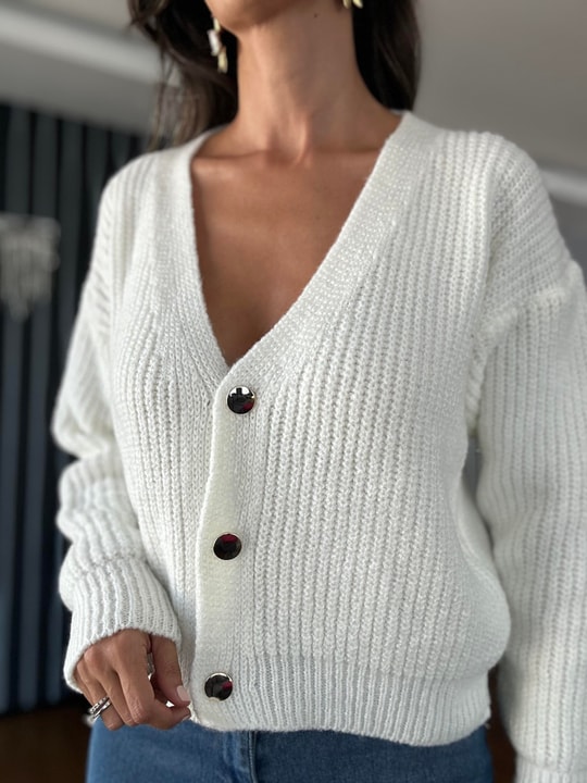 Ecru Double Layer Wool Cardigan