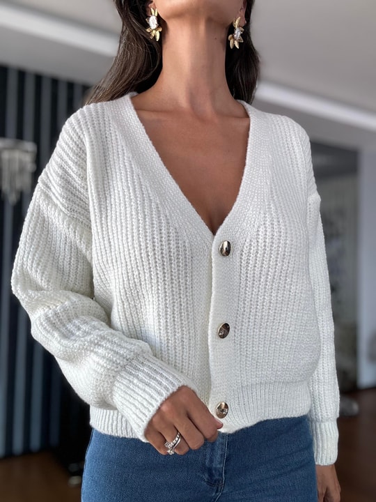 Ecru Double Layer Wool Cardigan