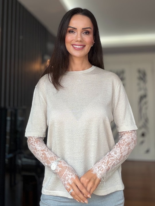 Ekru Kolları Dantelli İnce Triko Kazak