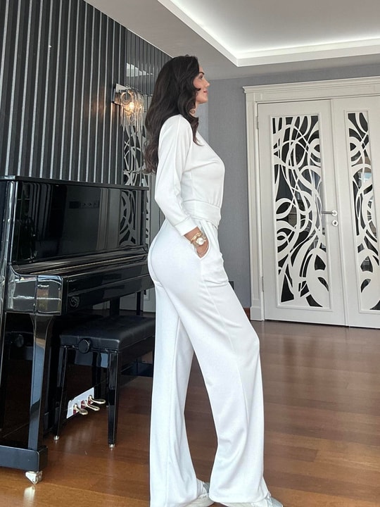 Ekru Modal Kayık Yaka Bluz Alt Takım