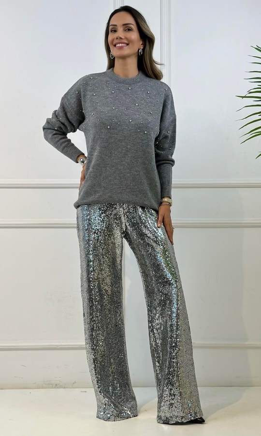 Füme Gümüş Pullu Geniş Kesim Pantolon