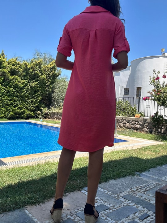 Fuşya Polo Yaka Midi Elbise