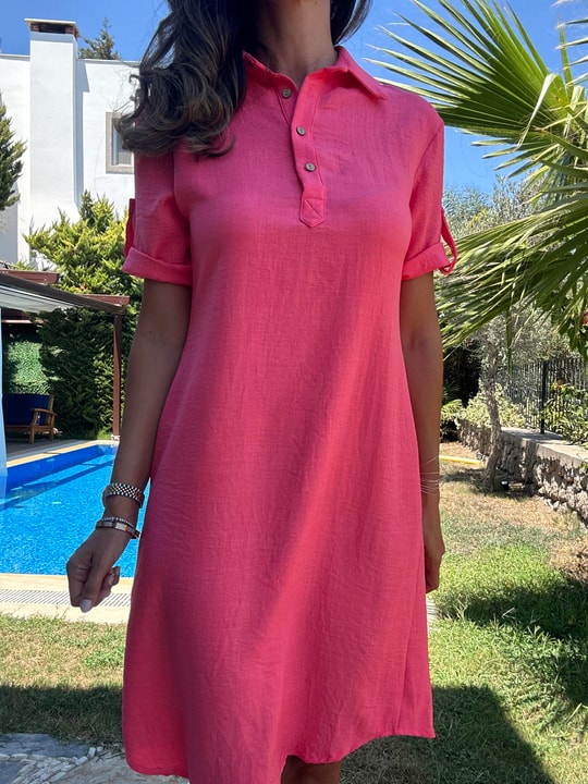 Fuşya Polo Yaka Midi Elbise