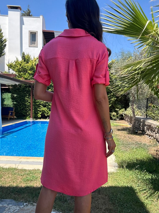 Fuşya Polo Yaka Midi Elbise