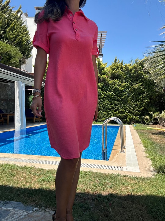 Fuşya Polo Yaka Midi Elbise