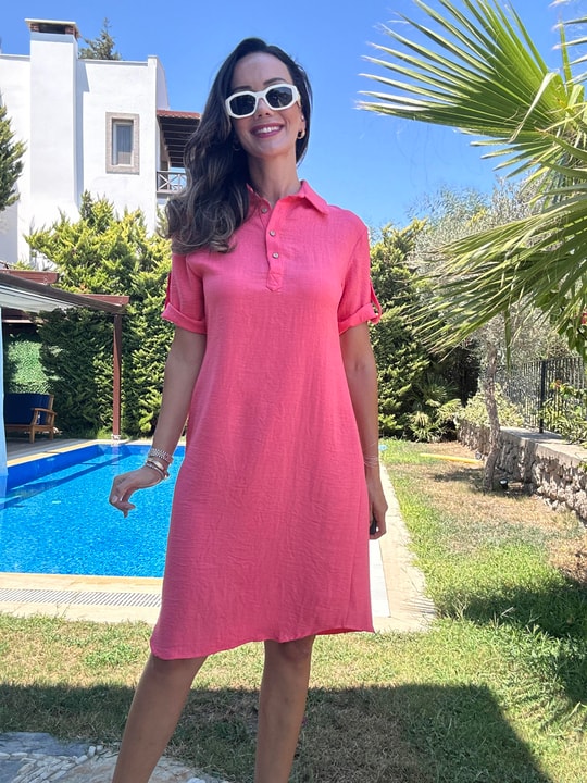 Fuşya Polo Yaka Midi Elbise
