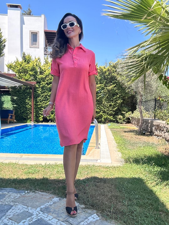 Fuşya Polo Yaka Midi Elbise