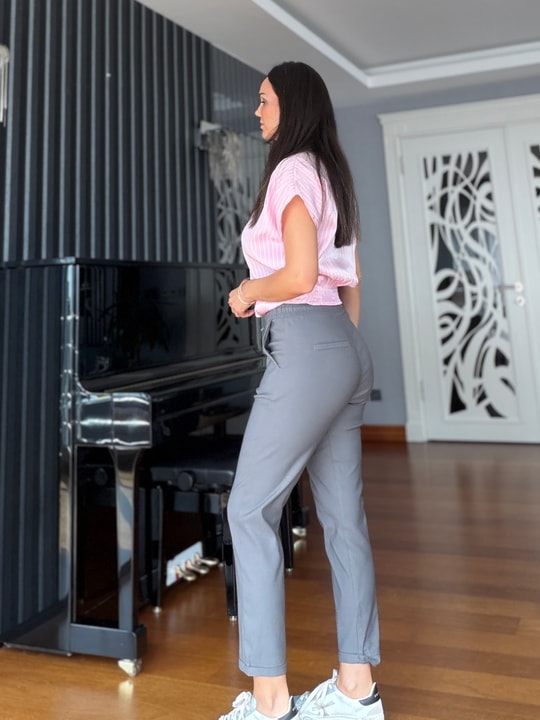 Gri Beli Lastikli Duble Paça Likralı  Pantolon