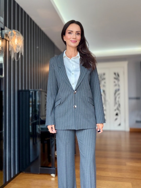 Gri Çizgili Premium Pantolon Ceket Takım