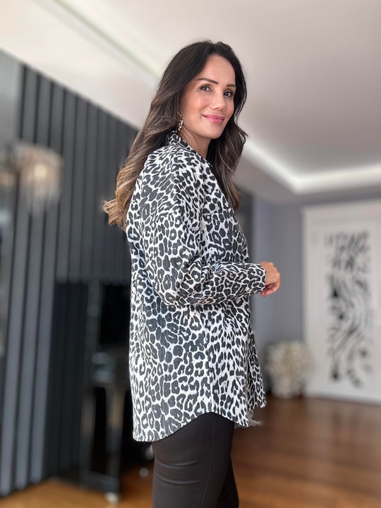 Gri Leopar Gabardin Gömlek