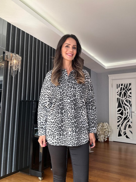 Gri Leopar Gabardin Gömlek