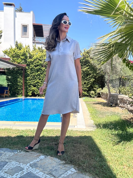 Gri Polo Yaka Midi Elbise