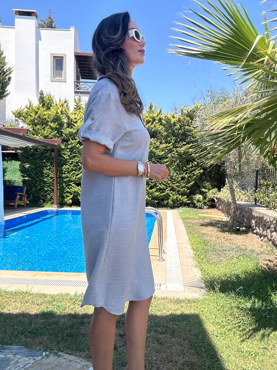 Gri Polo Yaka Midi Elbise