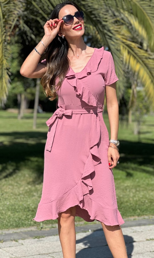 Gül Kurusu Fırfırlı Elbise