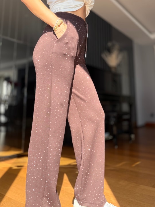 Kahverengi Komple Taşlı Palazzo Eşofman Altı