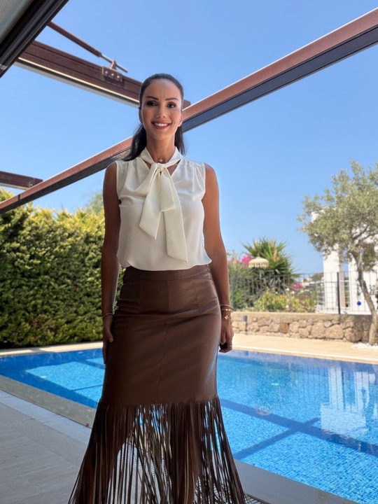 Kahverengi Püsküllü Deri Etek