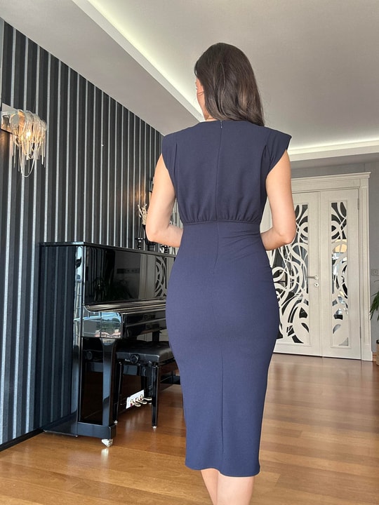 Lacivert Damla Broşlu Anvelop  Elbise