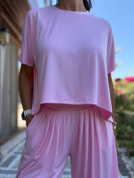 Pembe  Pileli Modal Şalvar Pantolon Bluz Takım