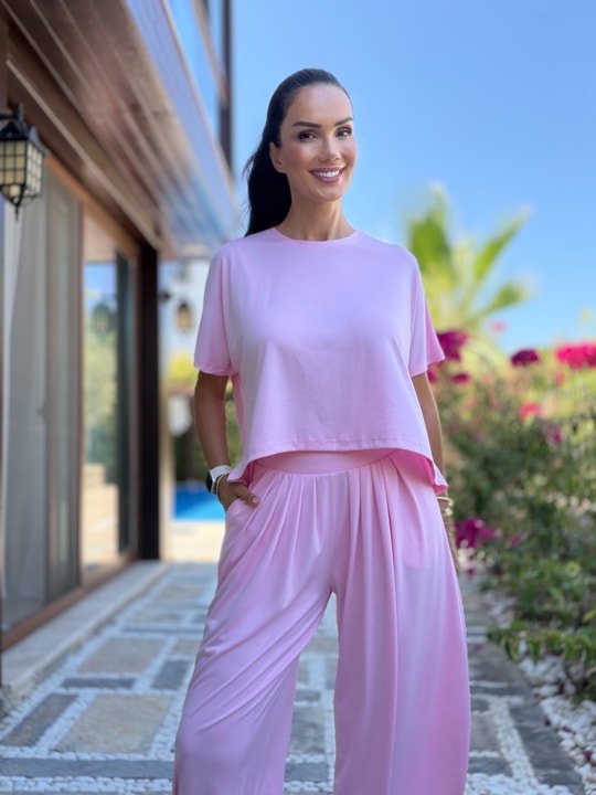 Pembe  Pileli Modal Şalvar Pantolon Bluz Takım