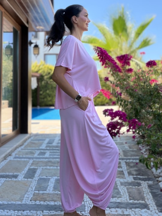 Pembe  Pileli Modal Şalvar Pantolon Bluz Takım