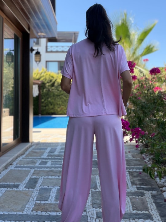 Pembe  Pileli Modal Şalvar Pantolon Bluz Takım