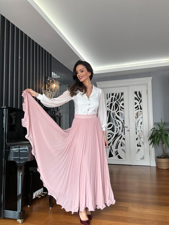 Pembe Şifon Piliseli  Maxi Etek